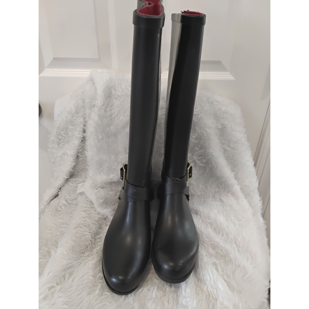 Steve Madden Litening Black Rain Boots Red Zipper Gold Buckle Tall Rubber Size 8
